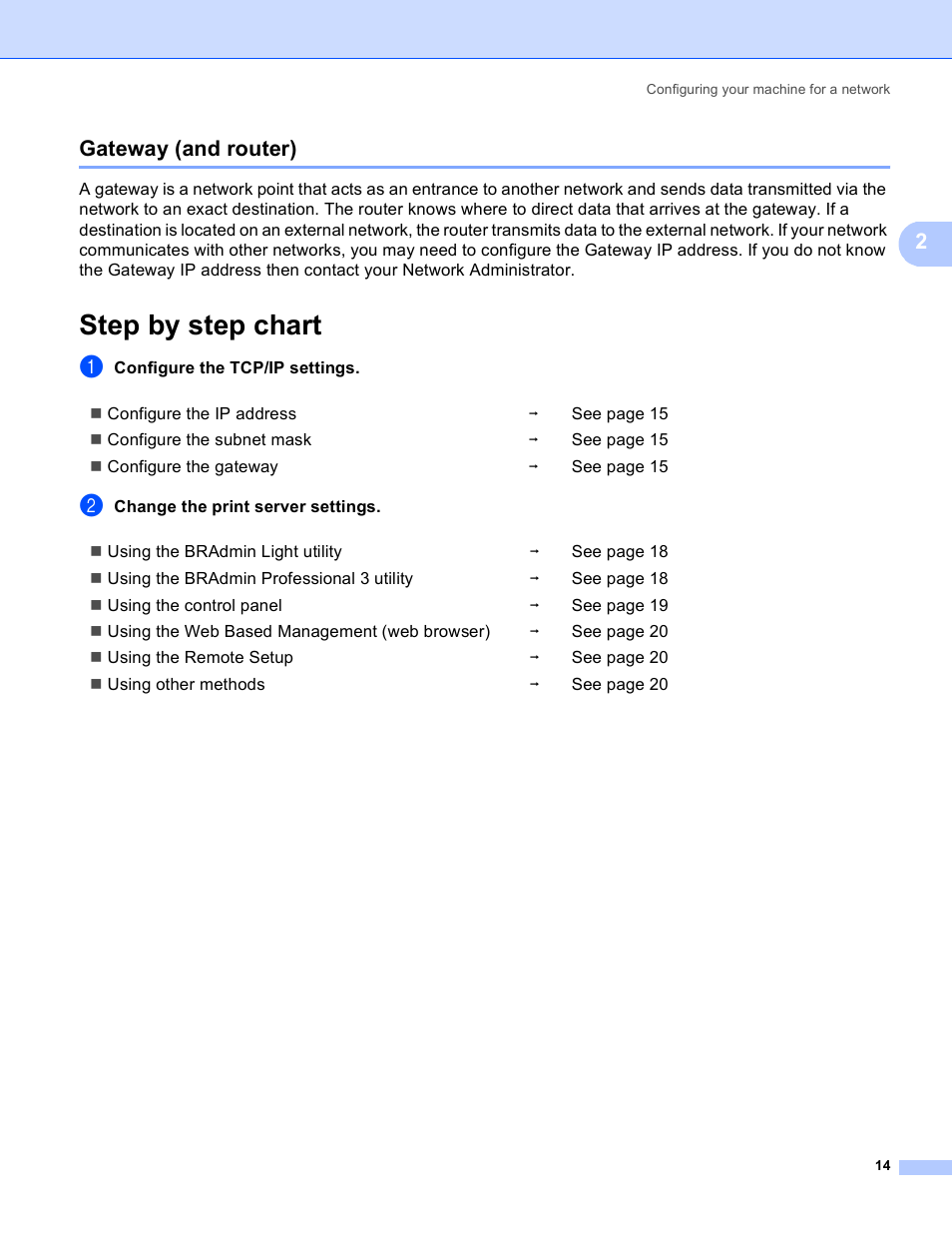 Gateway (and router), Step by step chart, 2gateway (and router) | Brother MFC 8480DN User Manual | Page 25 / 249