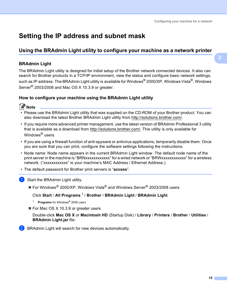 Setting the ip address and subnet mask, Bradmin light | Brother MFC 8480DN User Manual | Page 26 / 249