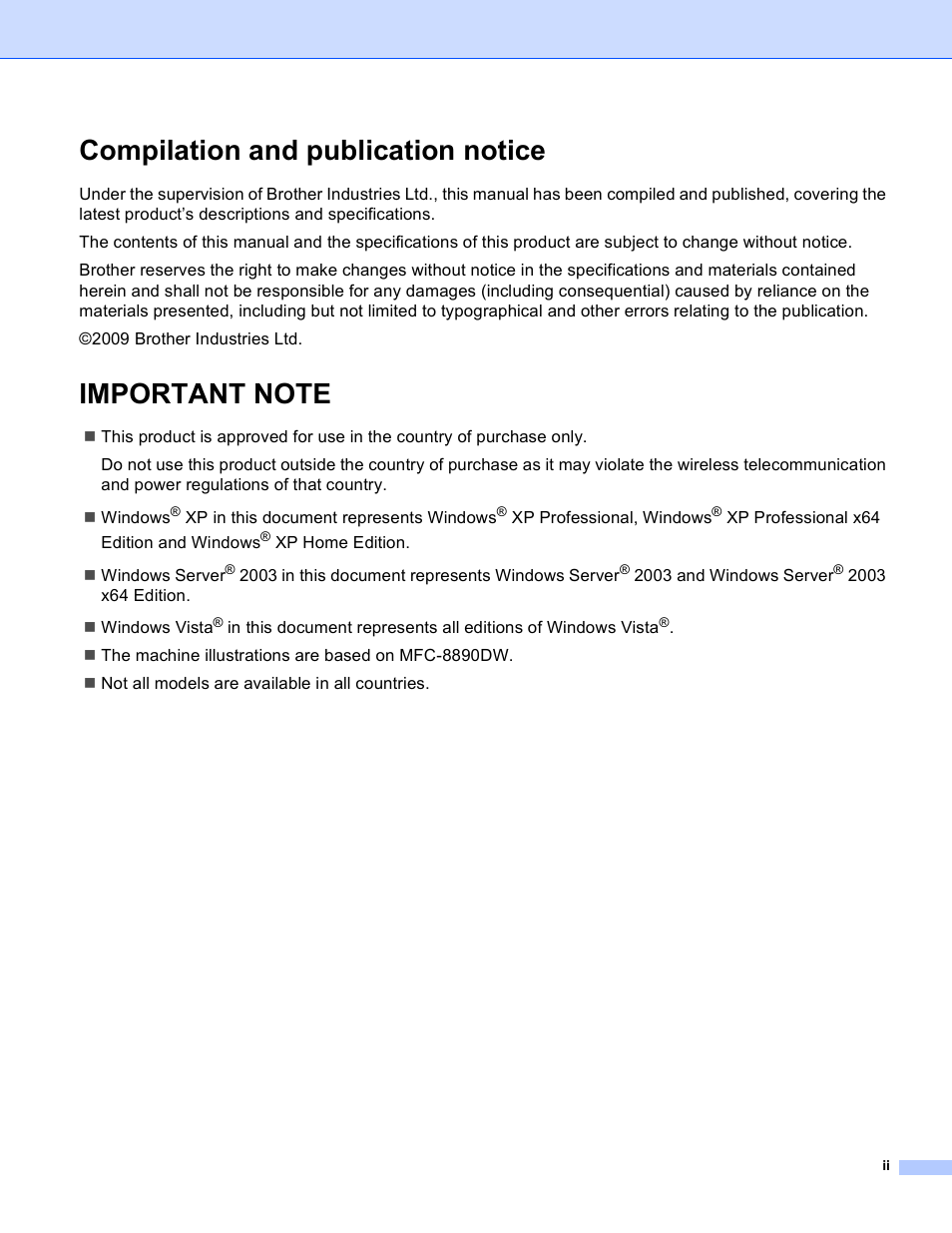 Compilation and publication notice | Brother MFC 8480DN User Manual | Page 3 / 249