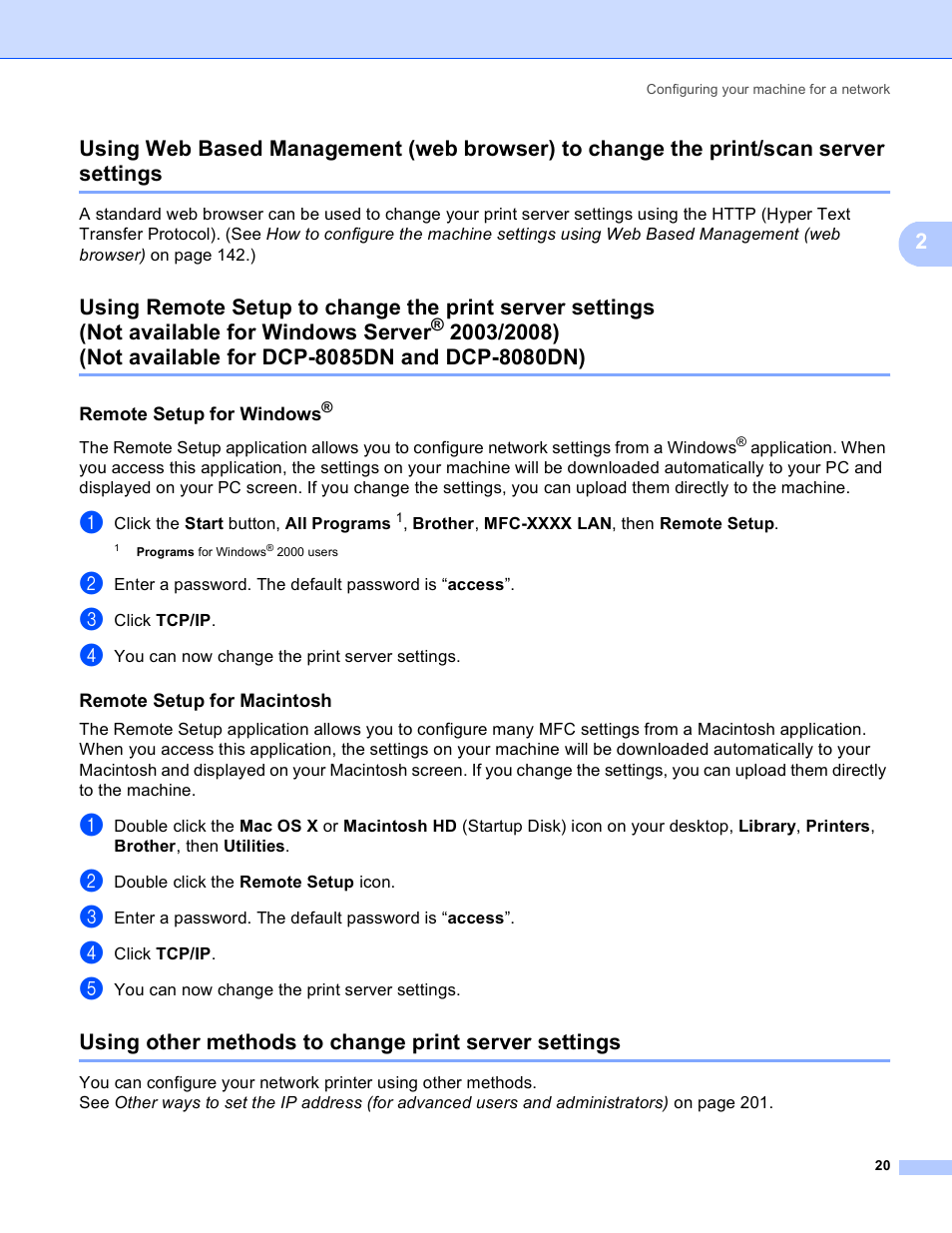 Remote setup for windows, Remote setup for macintosh, Not available for windows server | Not available for dcp-8085dn and dcp-8080dn) | Brother MFC 8480DN User Manual | Page 31 / 249