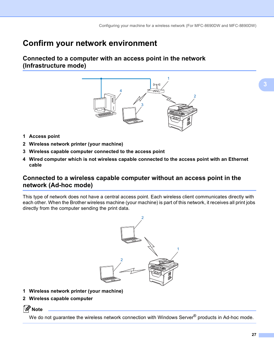 Confirm your network environment, Ad-hoc mode) | Brother MFC 8480DN User Manual | Page 38 / 249