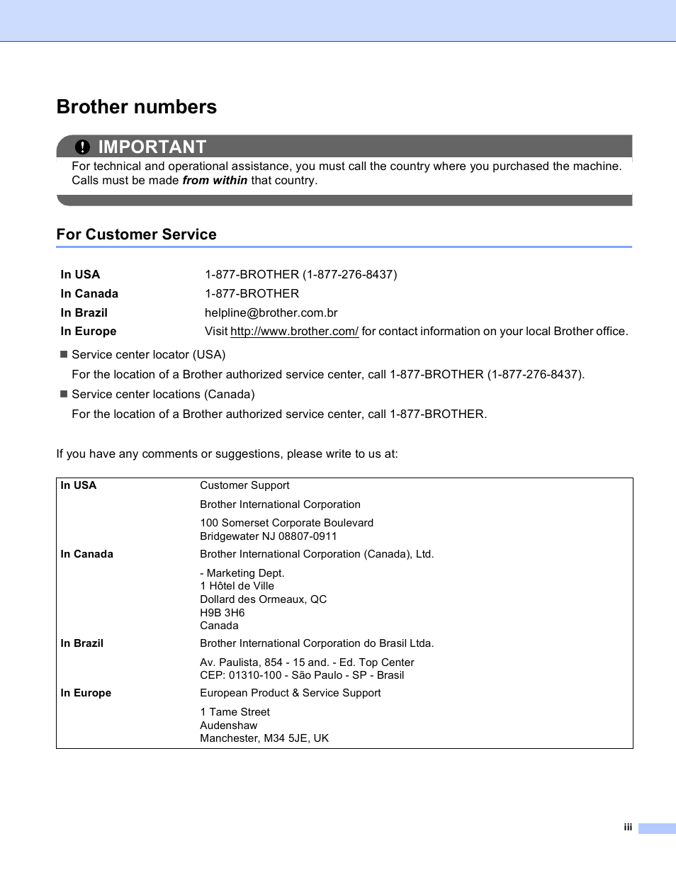 Brother numbers, Important, For customer service | Brother MFC 8480DN User Manual | Page 4 / 249