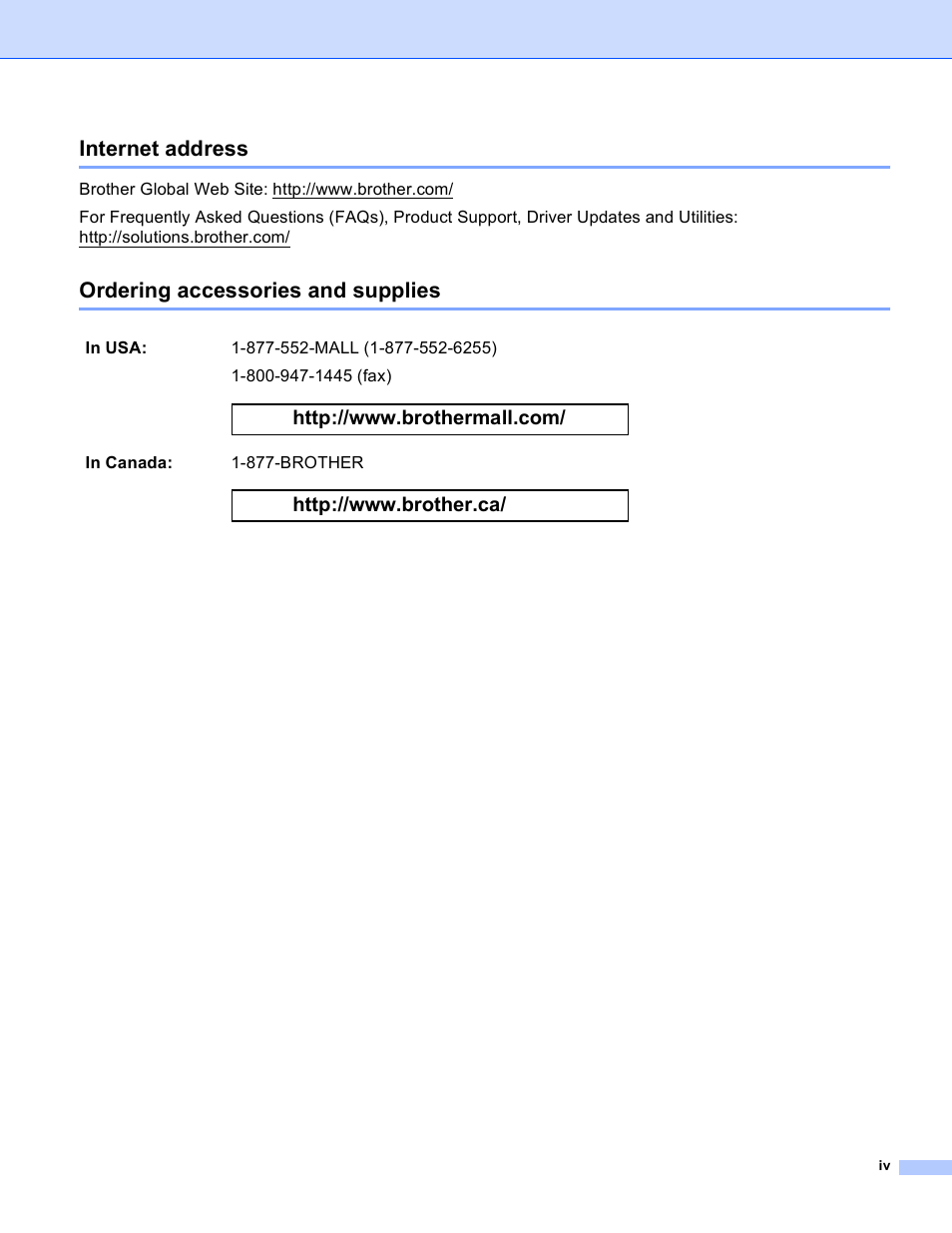 Internet address, Ordering accessories and supplies | Brother MFC 8480DN User Manual | Page 5 / 249