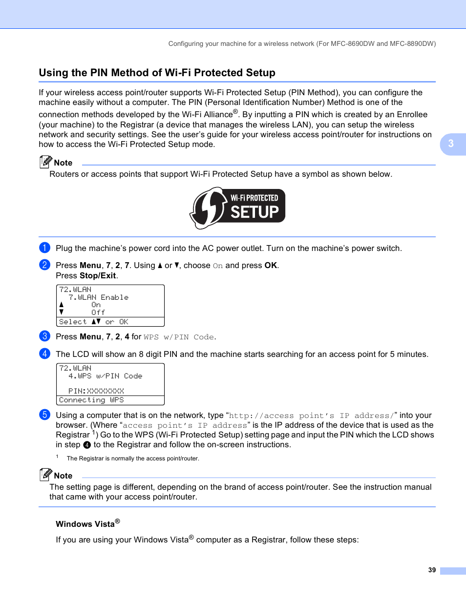 Using the pin method of wi-fi protected setup, 3using the pin method of wi-fi protected setup | Brother MFC 8480DN User Manual | Page 50 / 249