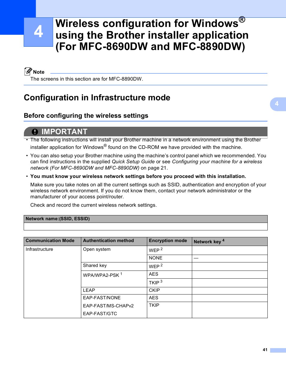 Configuration in infrastructure mode, Before configuring the wireless settings, Wireless configuration for windows | Using the brother installer application, For mfc-8690dw and mfc-8890dw), Using the brother installer application (for, Mfc-8690dw and mfc-8890dw) in chapter 4, Important | Brother MFC 8480DN User Manual | Page 52 / 249