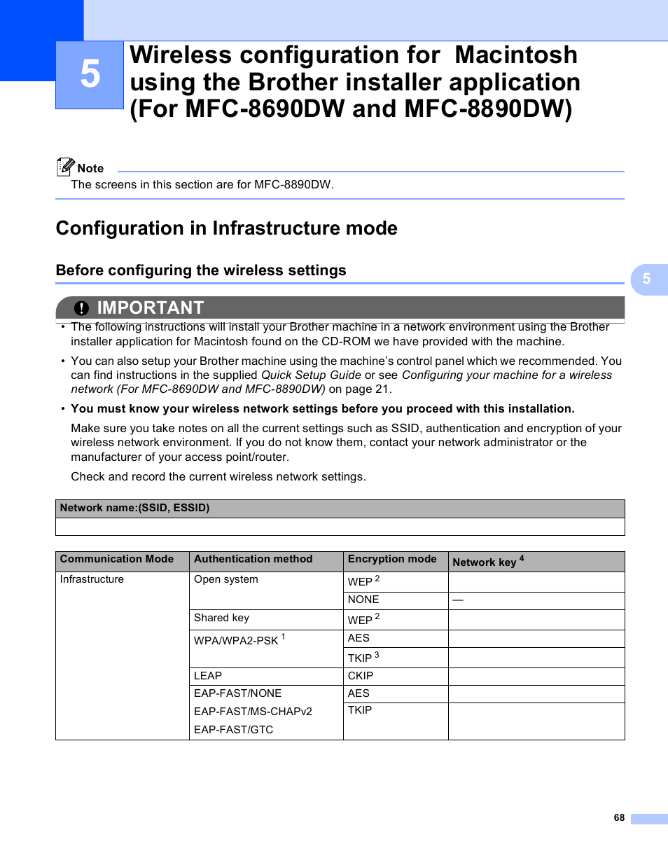 Configuration in infrastructure mode, Before configuring the wireless settings, Important | Brother MFC 8480DN User Manual | Page 79 / 249