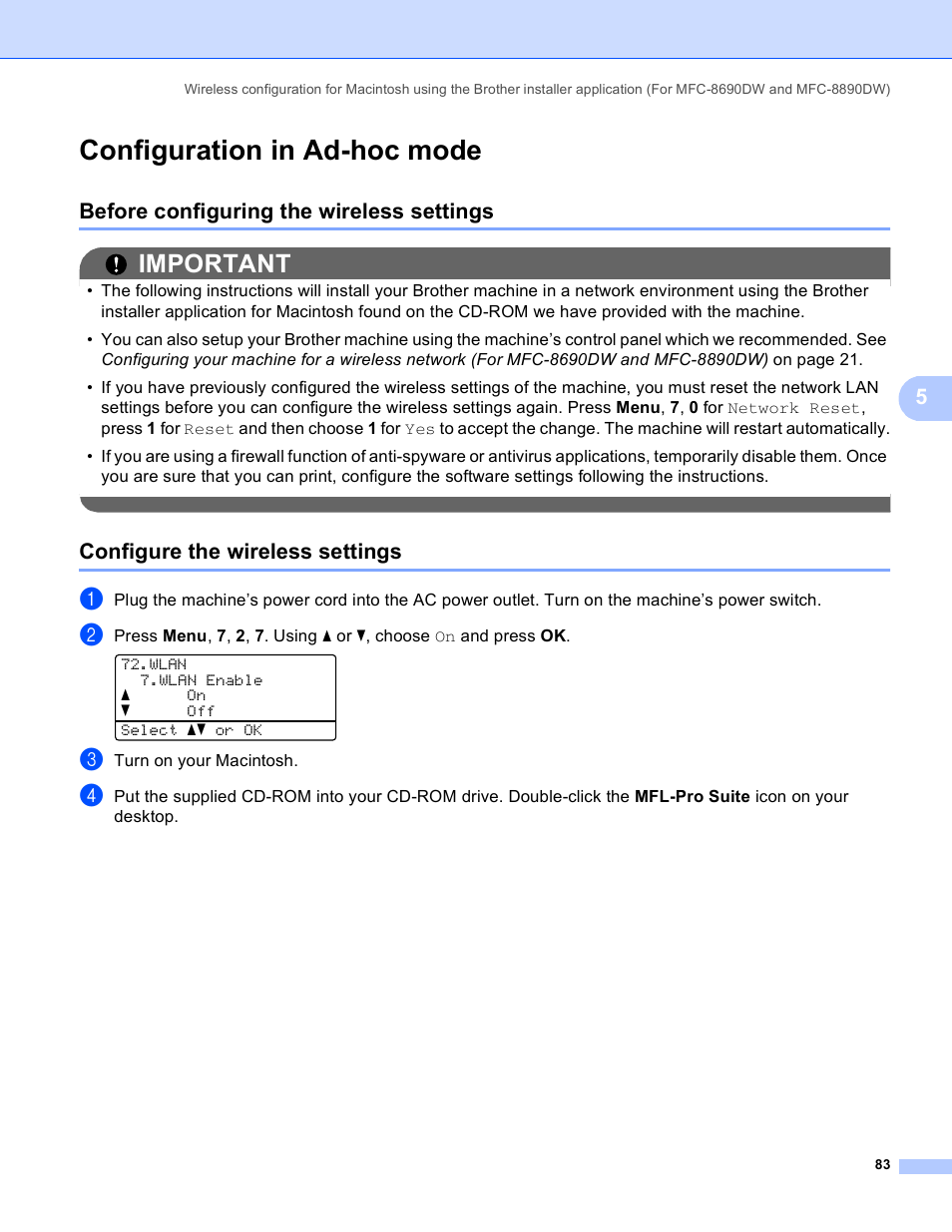 Configuration in ad-hoc mode, Before configuring the wireless settings, Configure the wireless settings | Important | Brother MFC 8480DN User Manual | Page 94 / 249