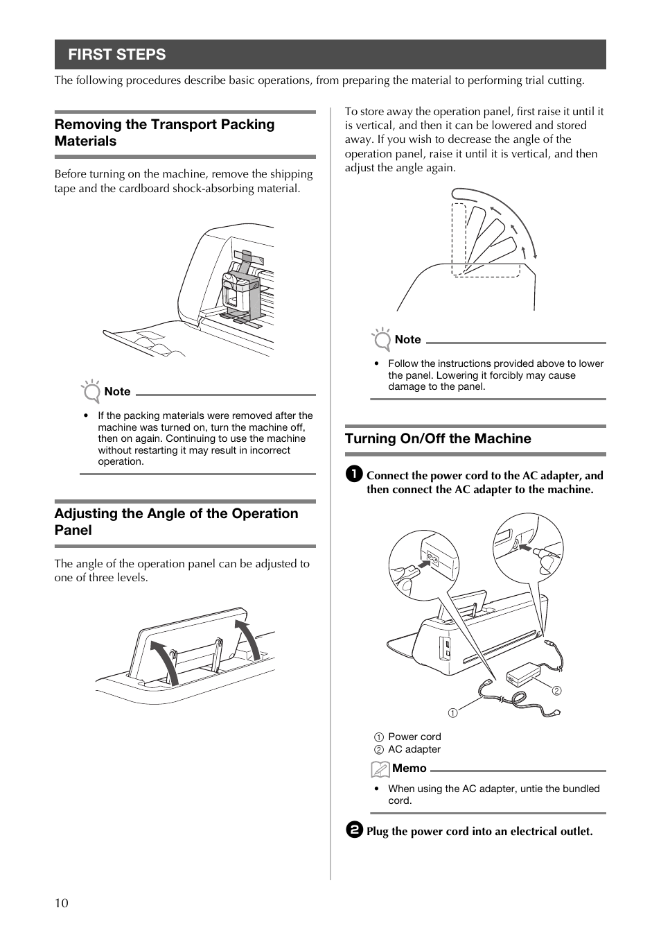 First steps, Removing the transport packing materials, Adjusting the angle of the operation panel | Turning on/off the machine | Brother CM100DM User Manual | Page 12 / 72