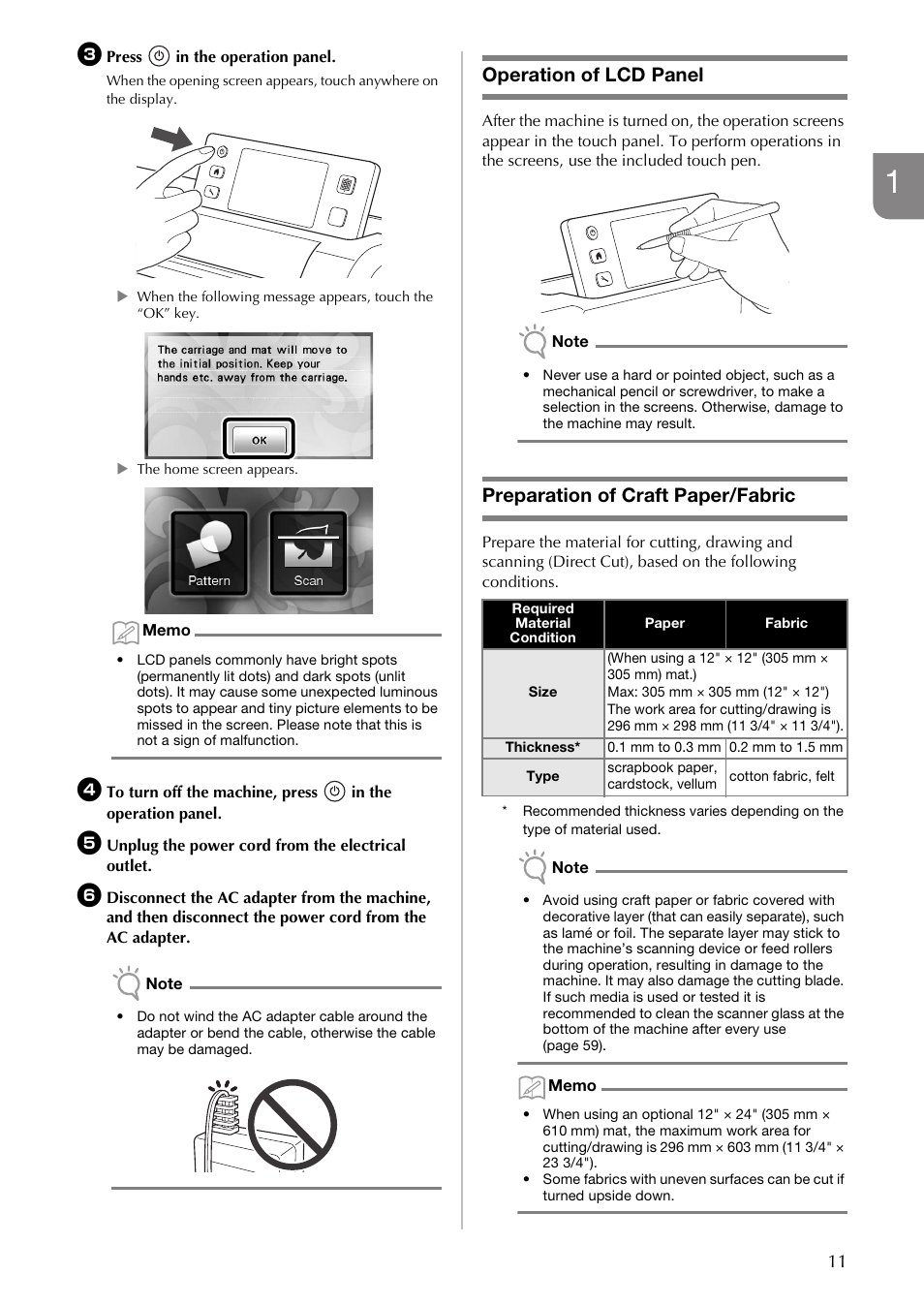 Operation of lcd panel, Preparation of craft paper/fabric | Brother CM100DM User Manual | Page 13 / 72