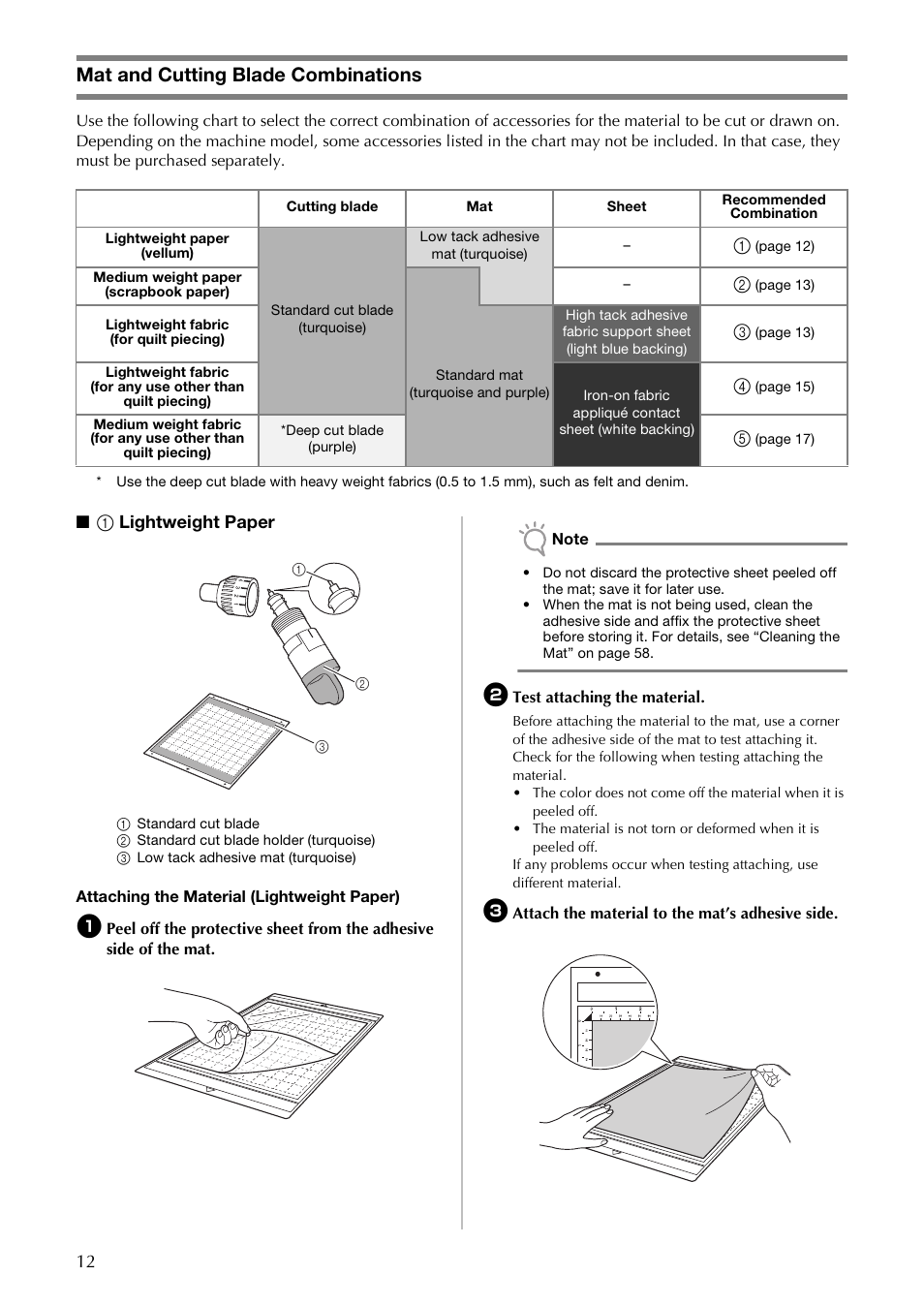 Mat and cutting blade combinations, 1 lightweight paper | Brother CM100DM User Manual | Page 14 / 72