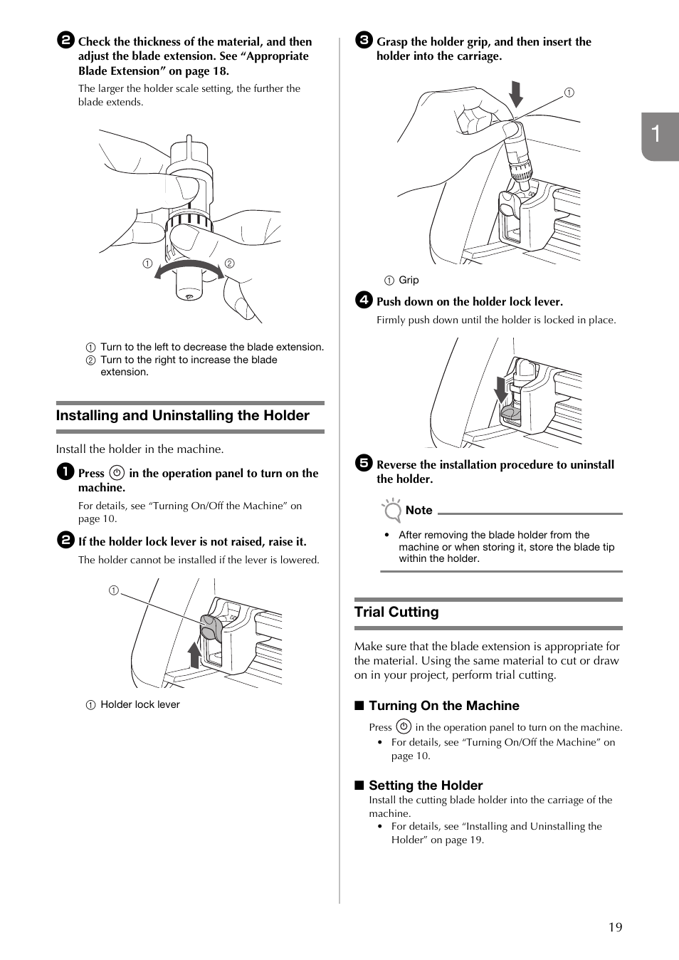 Installing and uninstalling the holder, Trial cutting | Brother CM100DM User Manual | Page 21 / 72