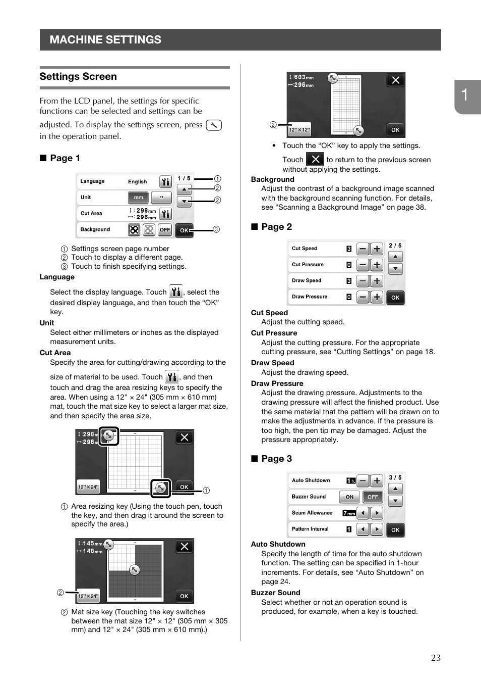 Machine settings, Settings screen | Brother CM100DM User Manual | Page 25 / 72