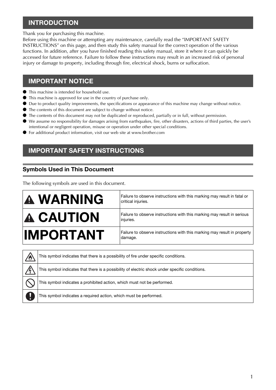 Warning, Caution, Important | Brother CM100DM User Manual | Page 3 / 72