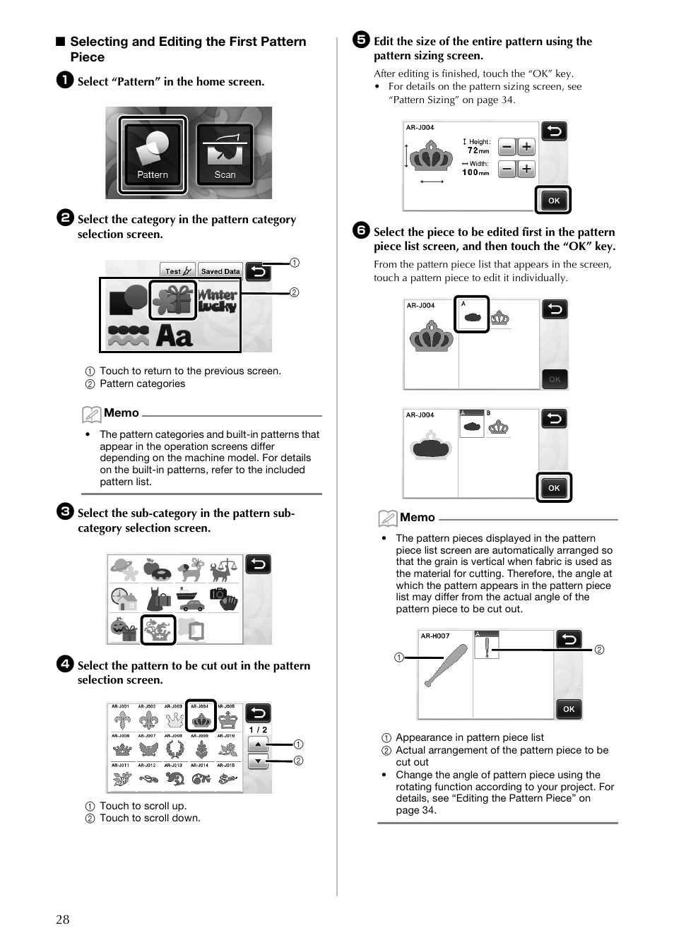 28 ■ selecting and editing the first pattern piece | Brother CM100DM User Manual | Page 30 / 72