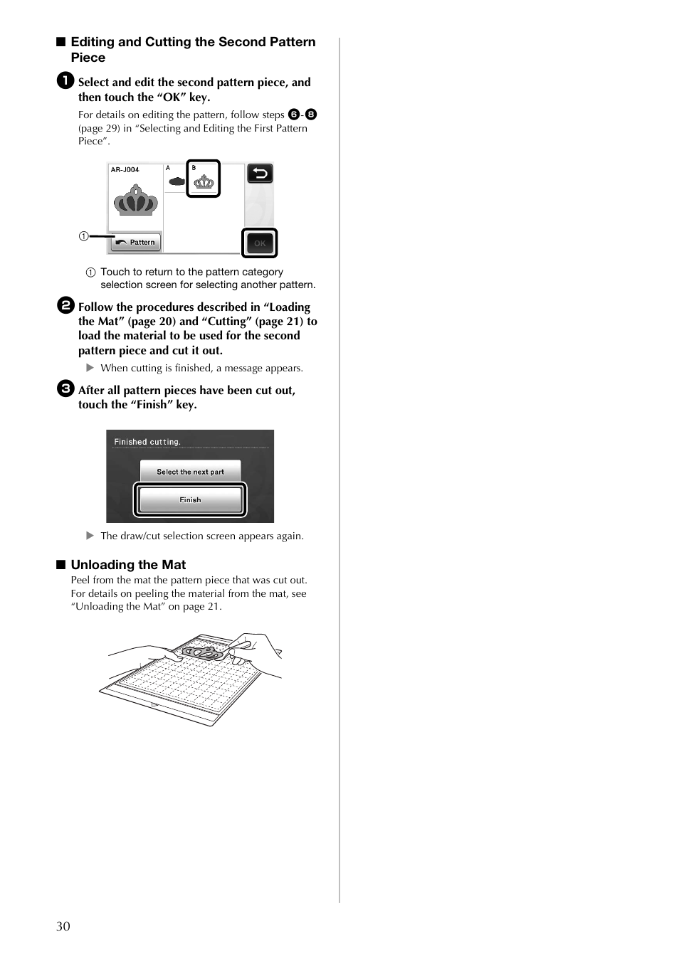 30 ■ editing and cutting the second pattern piece, Unloading the mat | Brother CM100DM User Manual | Page 32 / 72