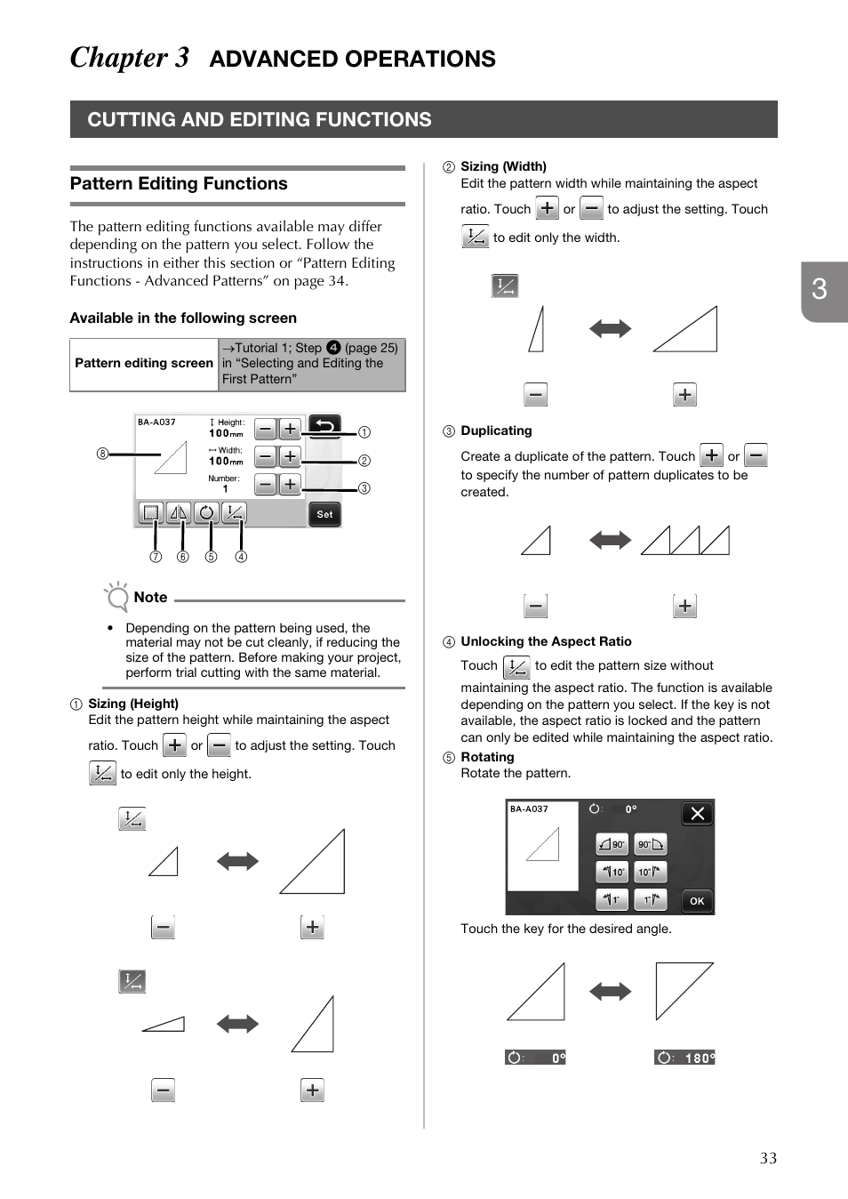 3chapter 3, Advanced operations, Cutting and editing functions | Pattern editing functions | Brother CM100DM User Manual | Page 35 / 72