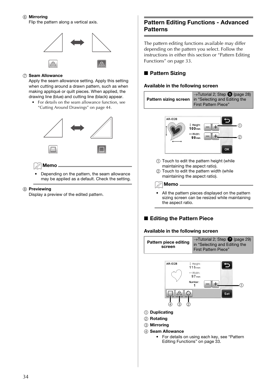 Pattern editing functions - advanced patterns, Pattern sizing, Editing the pattern piece | Brother CM100DM User Manual | Page 36 / 72