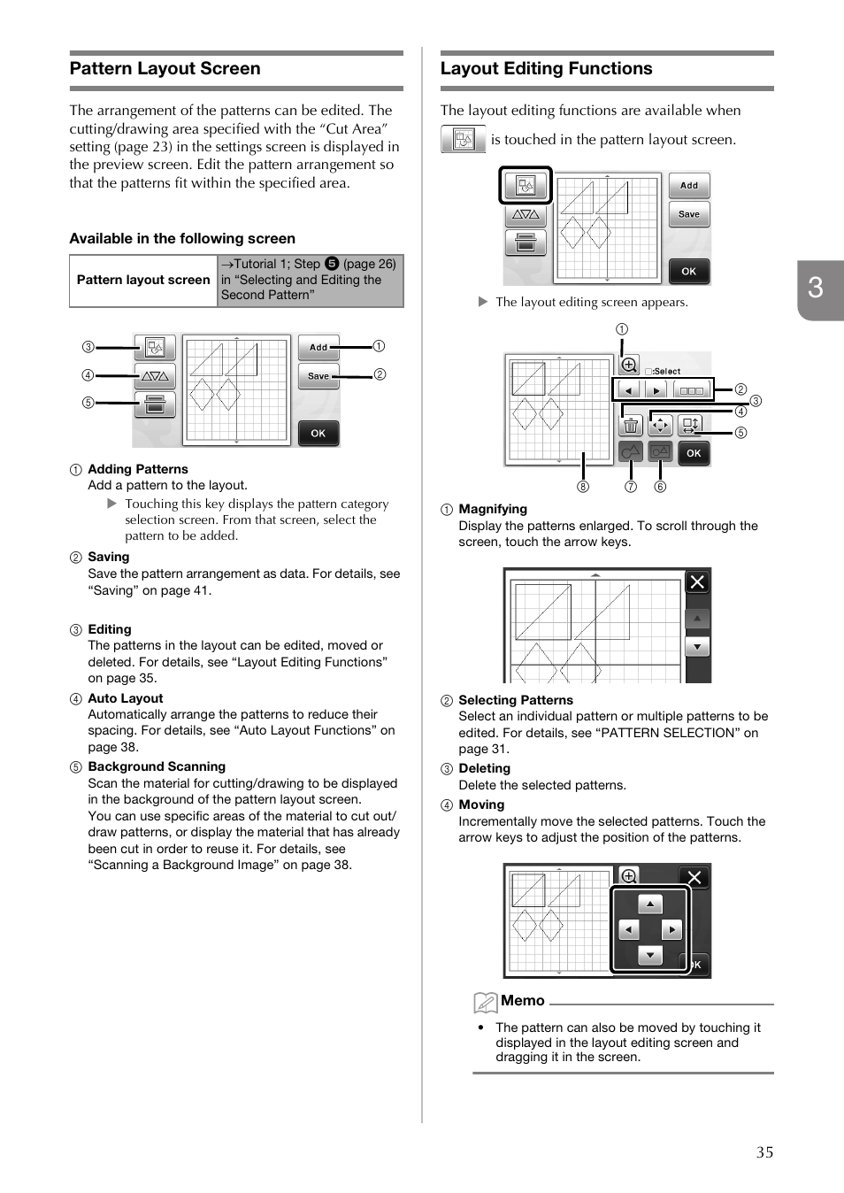 Pattern layout screen, Layout editing functions | Brother CM100DM User Manual | Page 37 / 72