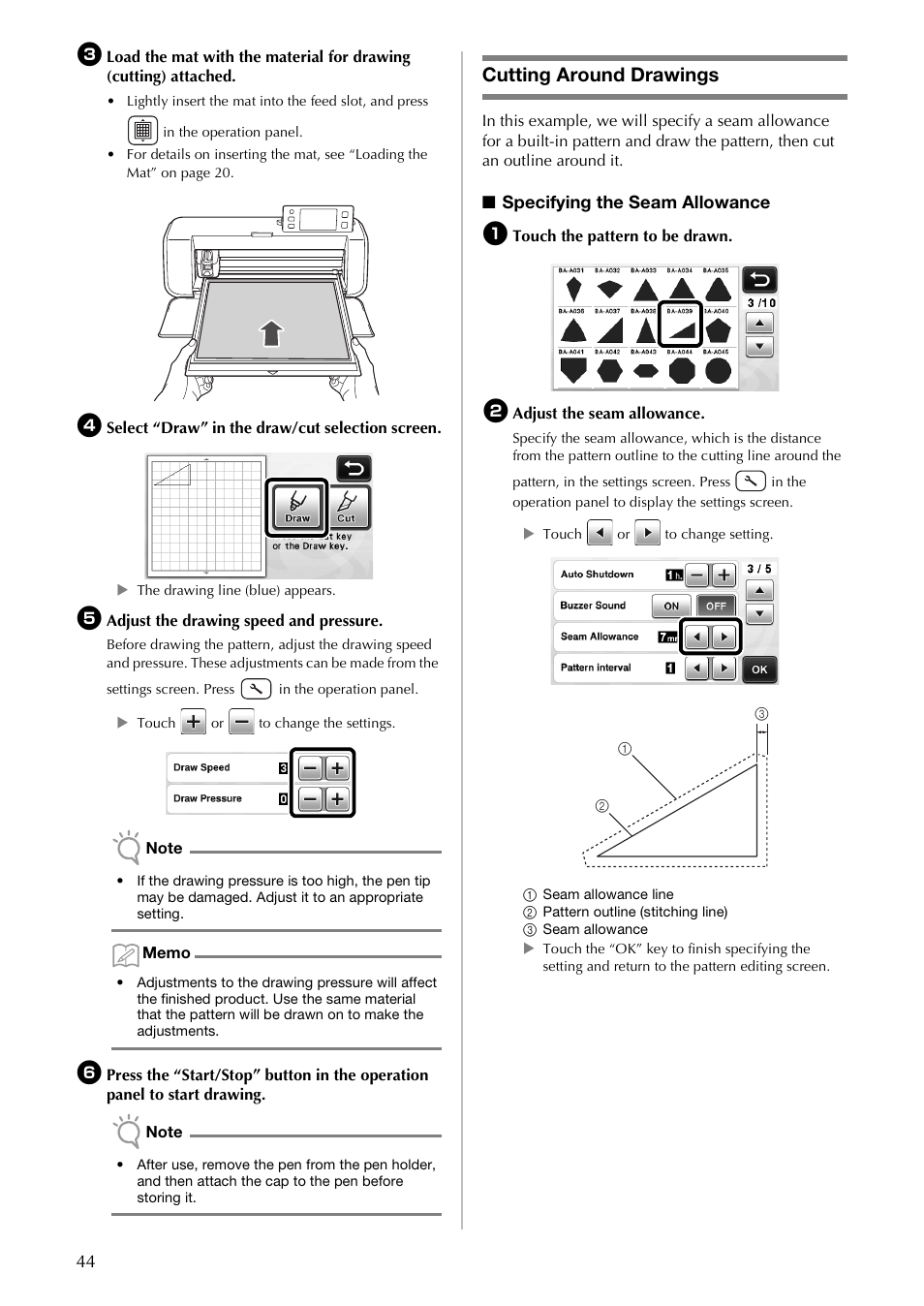 Cutting around drawings, Specifying the seam allowance | Brother CM100DM User Manual | Page 46 / 72