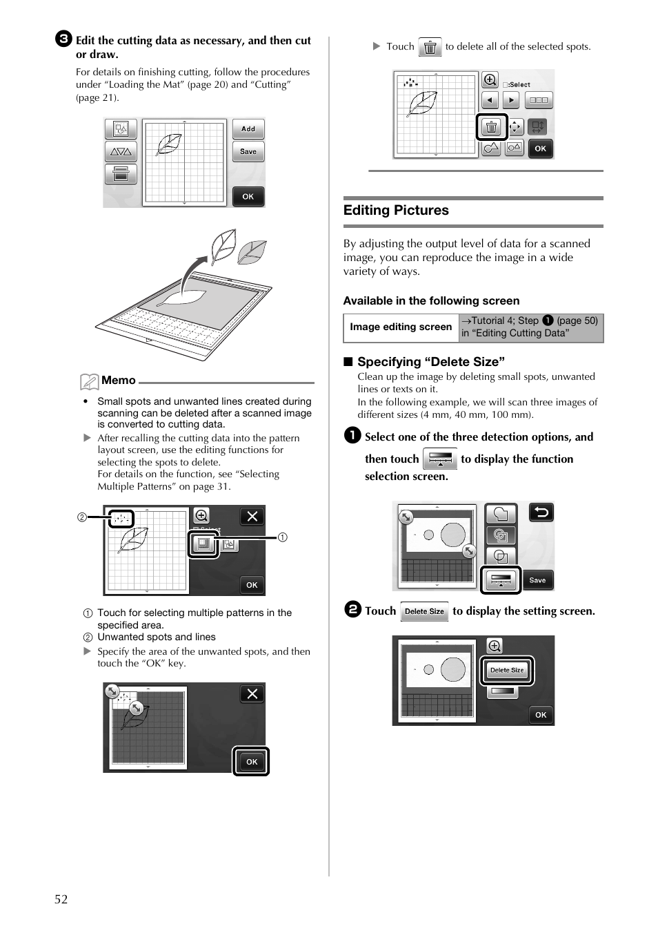 Editing pictures, Specifying “delete size | Brother CM100DM User Manual | Page 54 / 72