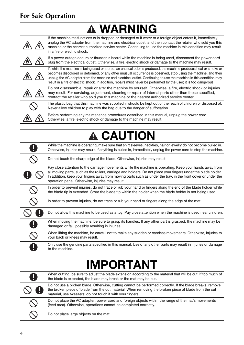 Warning, Caution, Important | For safe operation | Brother CM100DM User Manual | Page 6 / 72