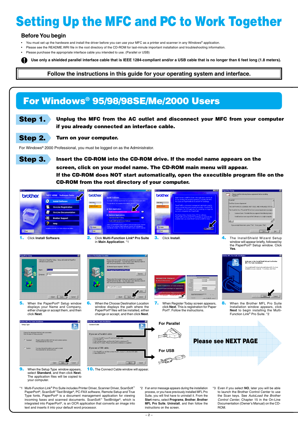 Setting up the mfc and pc to work together, For windows, Step 1 | Step 2, Step 3, Please see next page, Before you begin | Brother MFC-8500 User Manual | Page 2 / 4