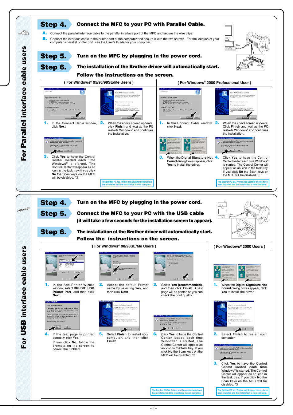 Parallel, Step 4, Step 5 | Step 6, Inter face cable users | Brother MFC-8500 User Manual | Page 3 / 4