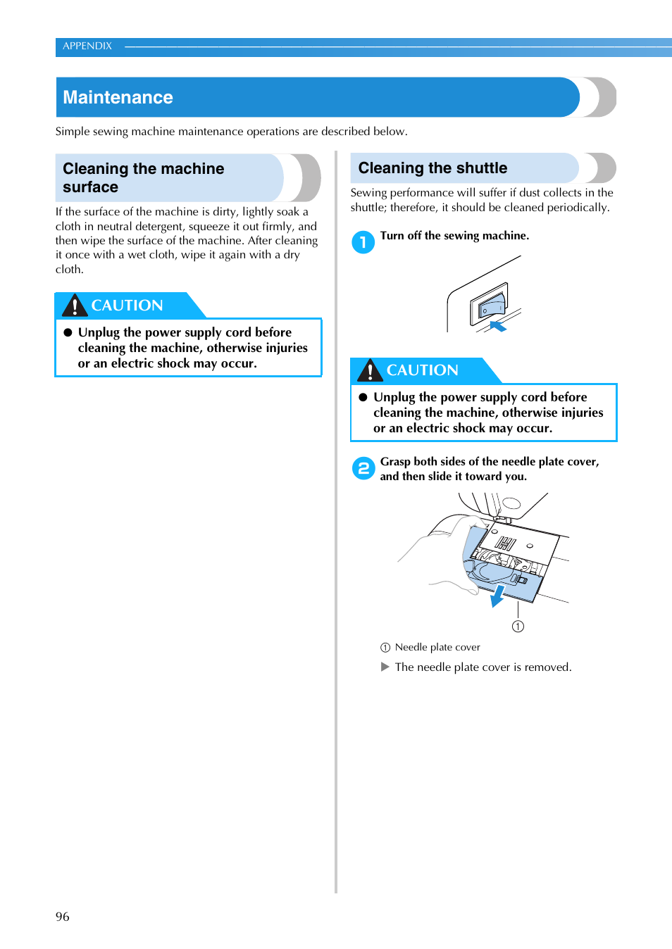 Maintenance, Cleaning the machine surface, Cleaning the shuttle | Caution | Brother NX-200 User Manual | Page 102 / 111