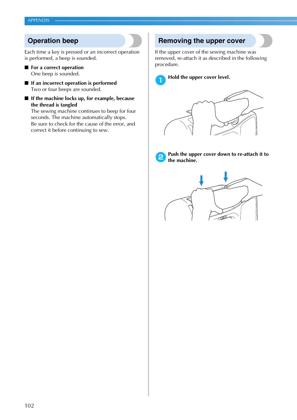 Operation beep, Removing the upper cover | Brother NX-200 User Manual | Page 108 / 111