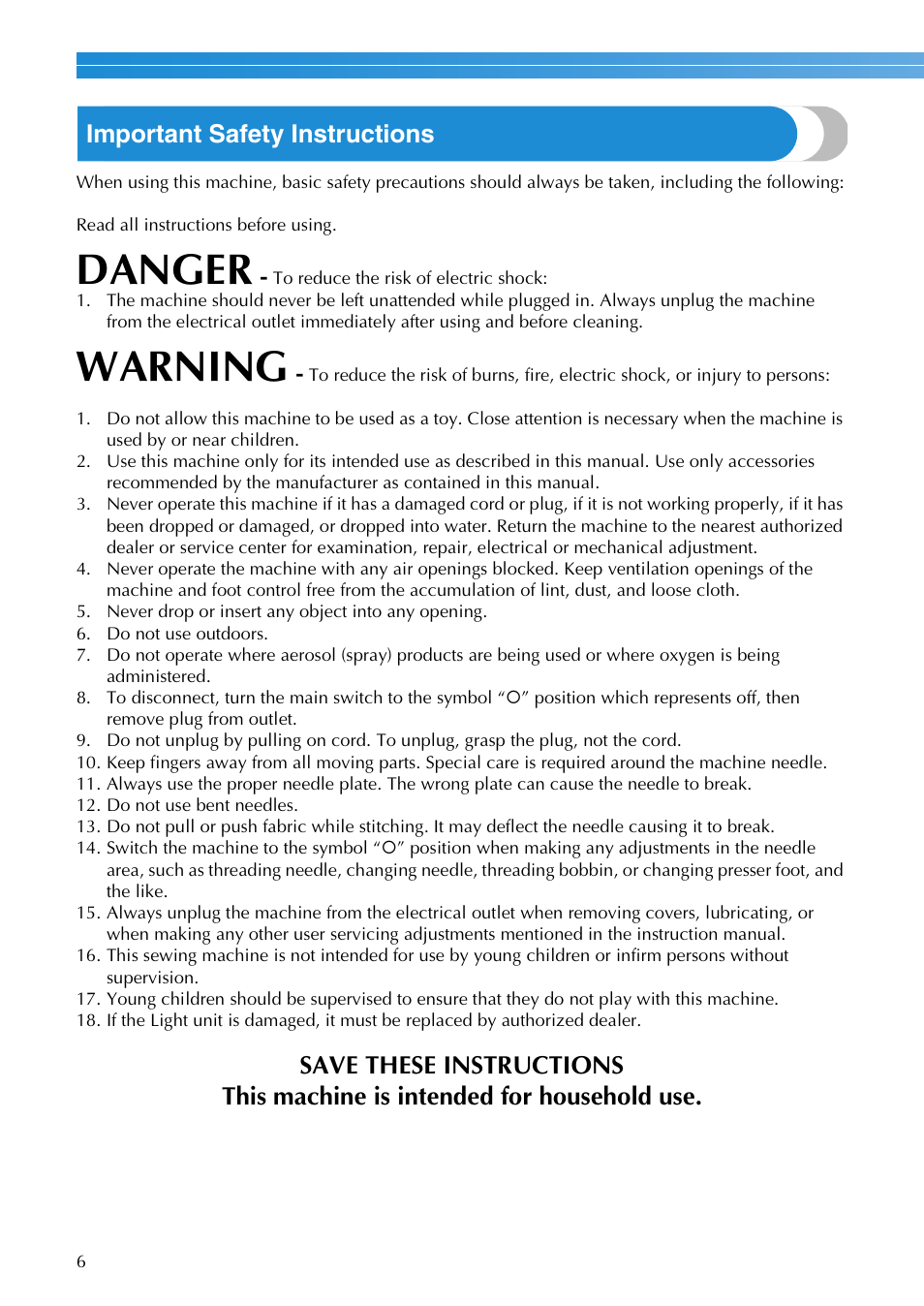 Danger, Warning, Important safety instructions | Brother NX-200 User Manual | Page 12 / 111