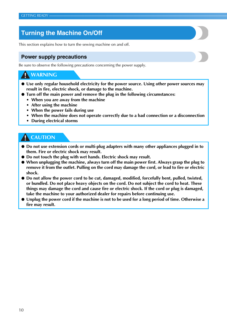 Turning the machine on/off, Power supply precautions, Warning caution | Brother NX-200 User Manual | Page 16 / 111