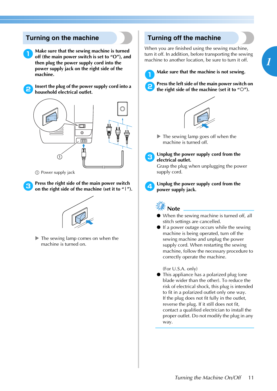 Turning on the machine, Turning off the machine | Brother NX-200 User Manual | Page 17 / 111