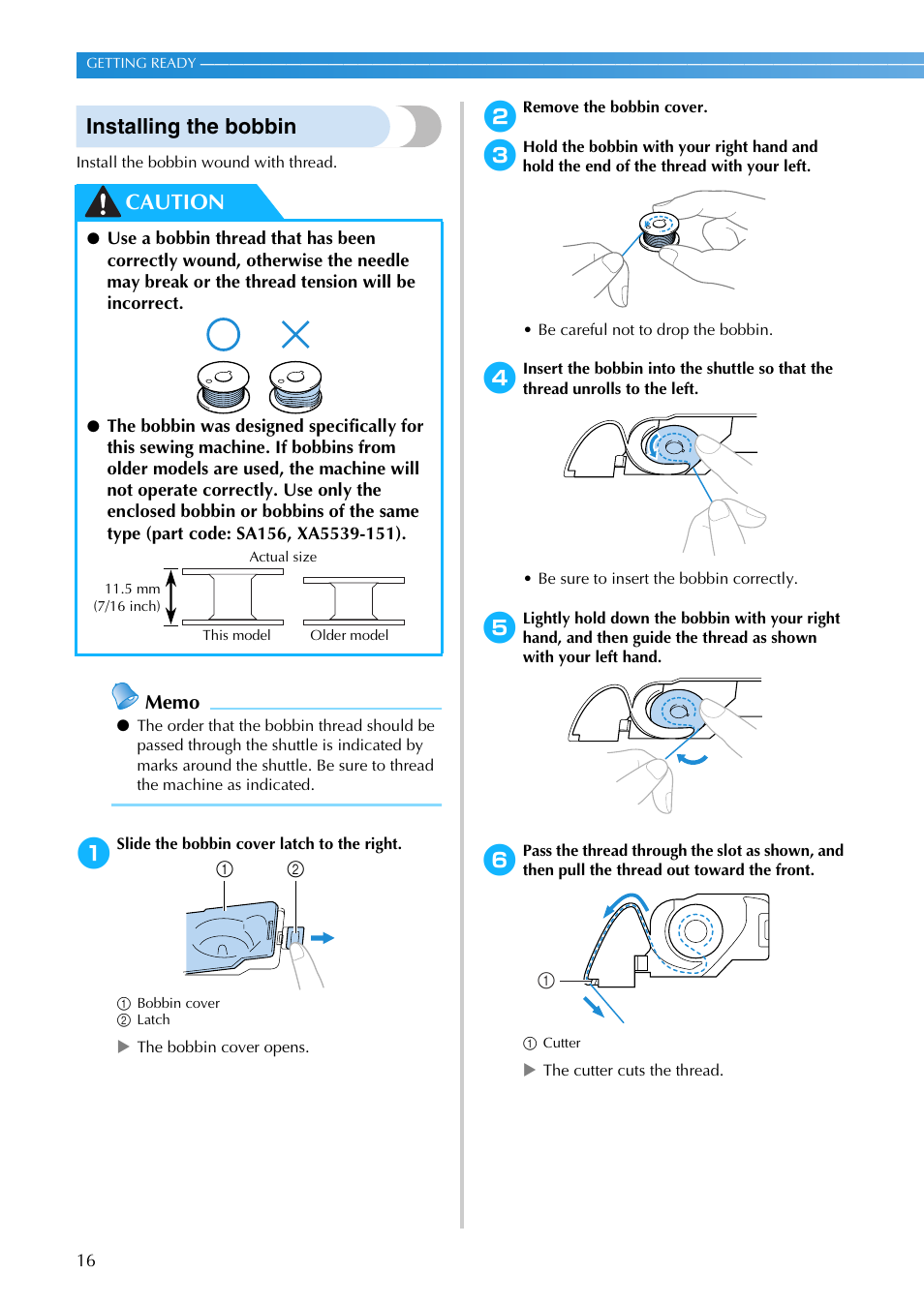 Installing the bobbin, Caution | Brother NX-200 User Manual | Page 22 / 111