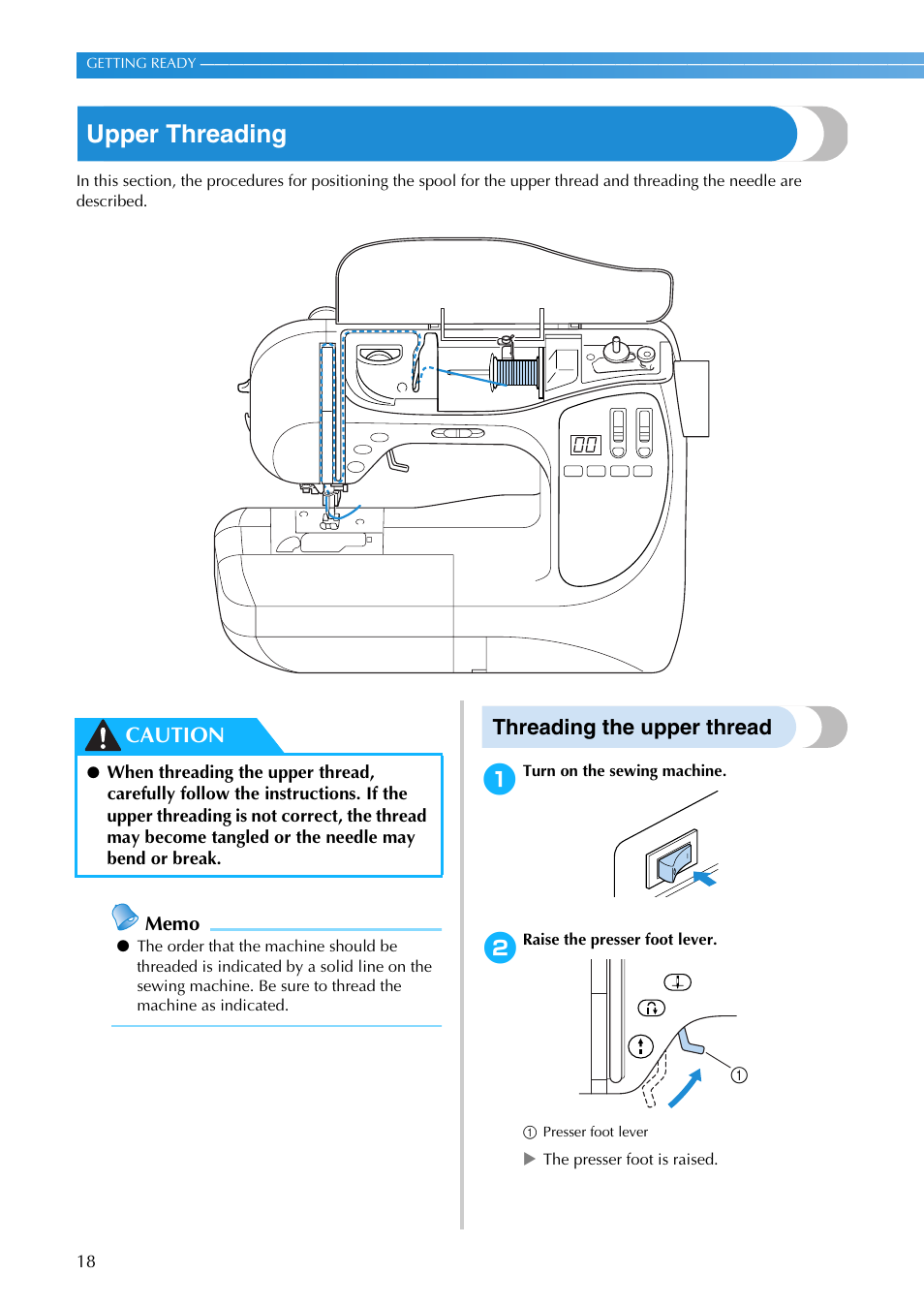 Upper threading, Threading the upper thread, Caution | Brother NX-200 User Manual | Page 24 / 111