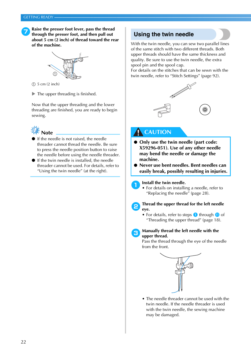 Using the twin needle, Caution | Brother NX-200 User Manual | Page 28 / 111