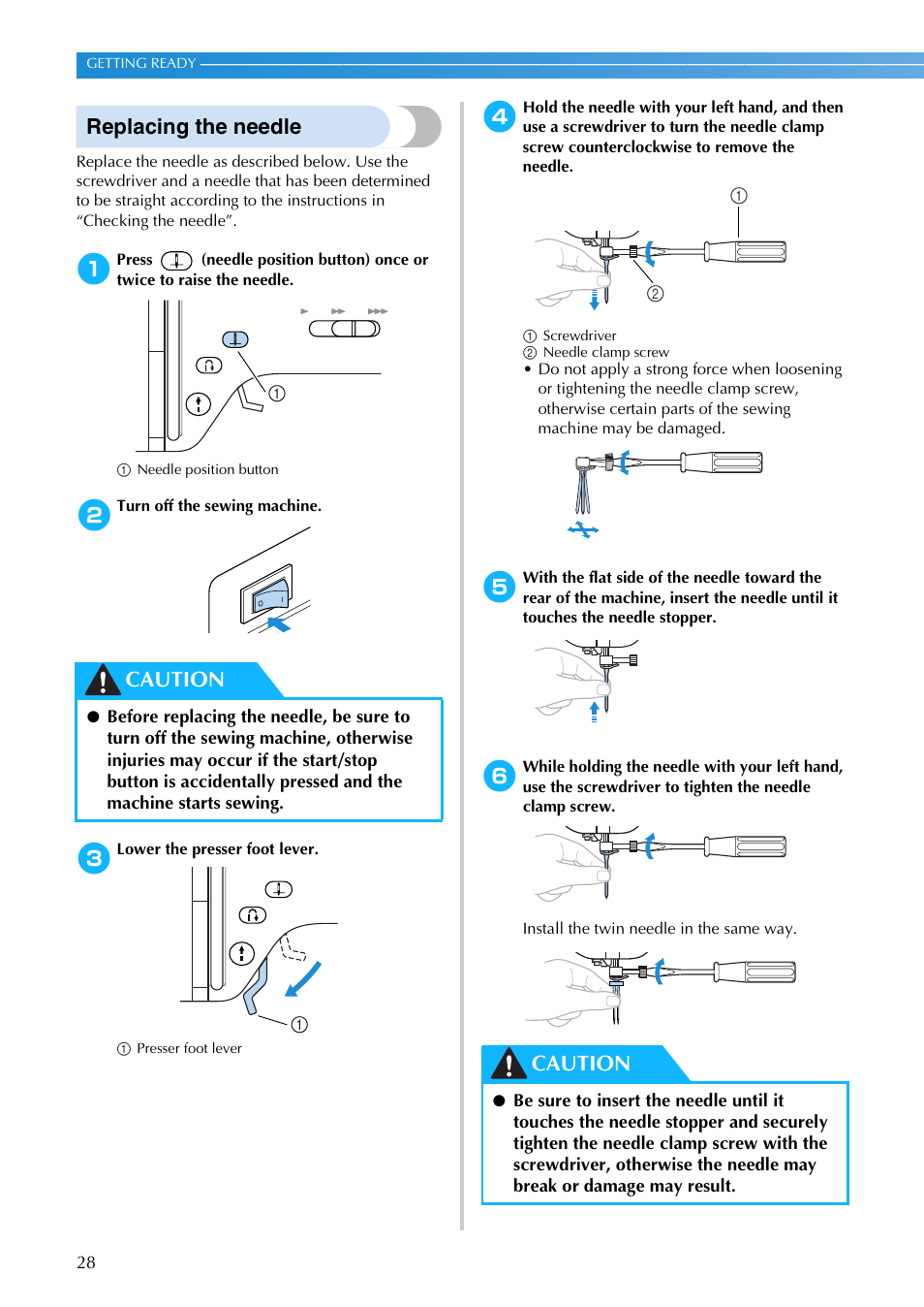 Replacing the needle, Caution | Brother NX-200 User Manual | Page 34 / 111