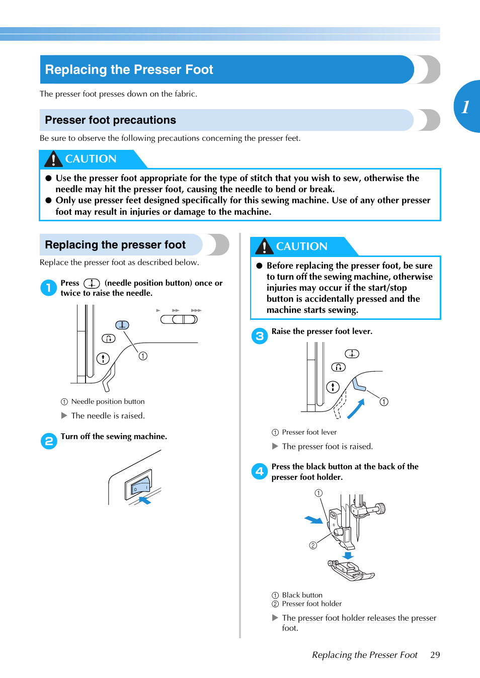 Replacing the presser foot, Presser foot precautions, Caution | Brother NX-200 User Manual | Page 35 / 111