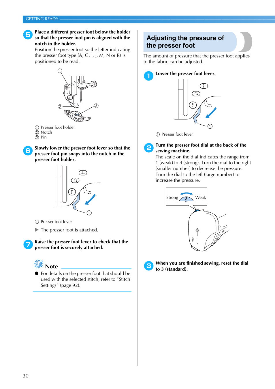 Adjusting the pressure of the presser foot | Brother NX-200 User Manual | Page 36 / 111