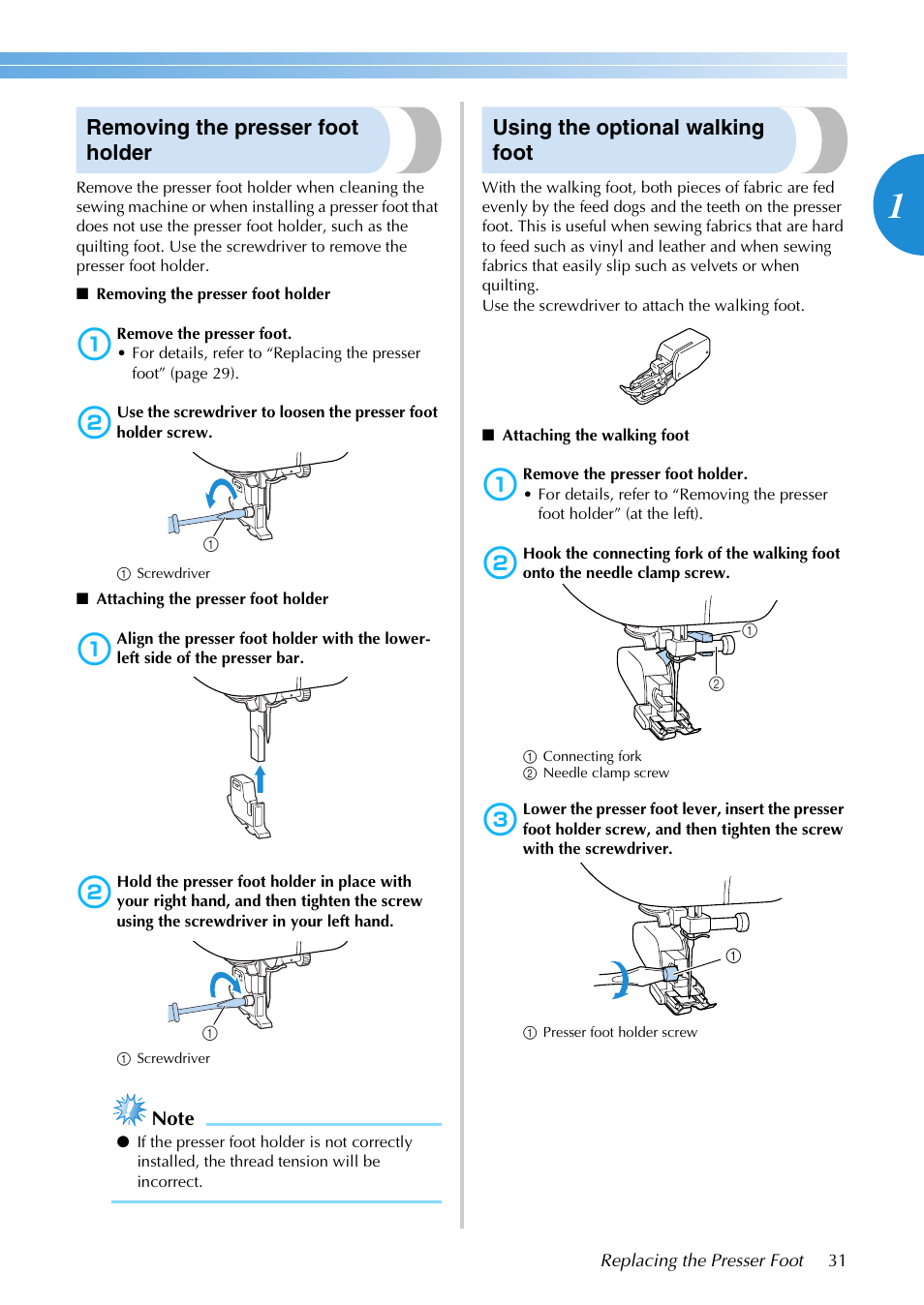 Removing the presser foot holder, Using the optional walking foot | Brother NX-200 User Manual | Page 37 / 111