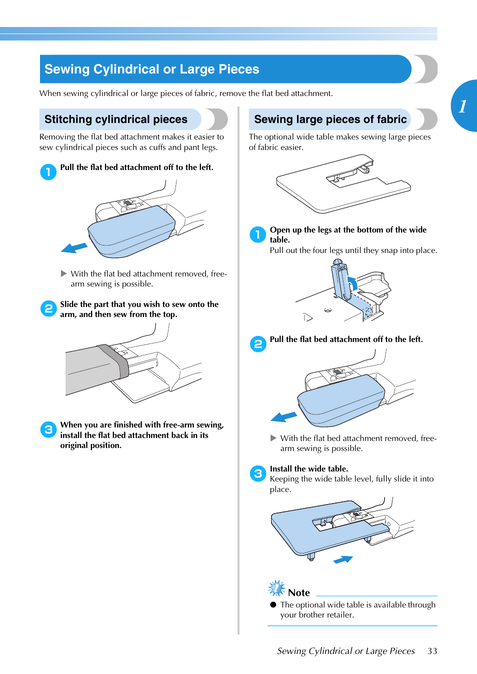 Sewing cylindrical or large pieces, Stitching cylindrical pieces, Sewing large pieces of fabric | Brother NX-200 User Manual | Page 39 / 111