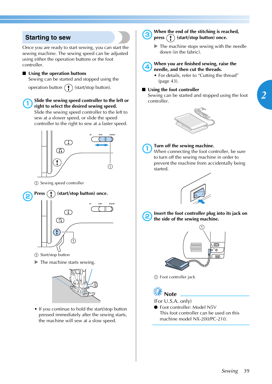 Starting to sew | Brother NX-200 User Manual | Page 45 / 111