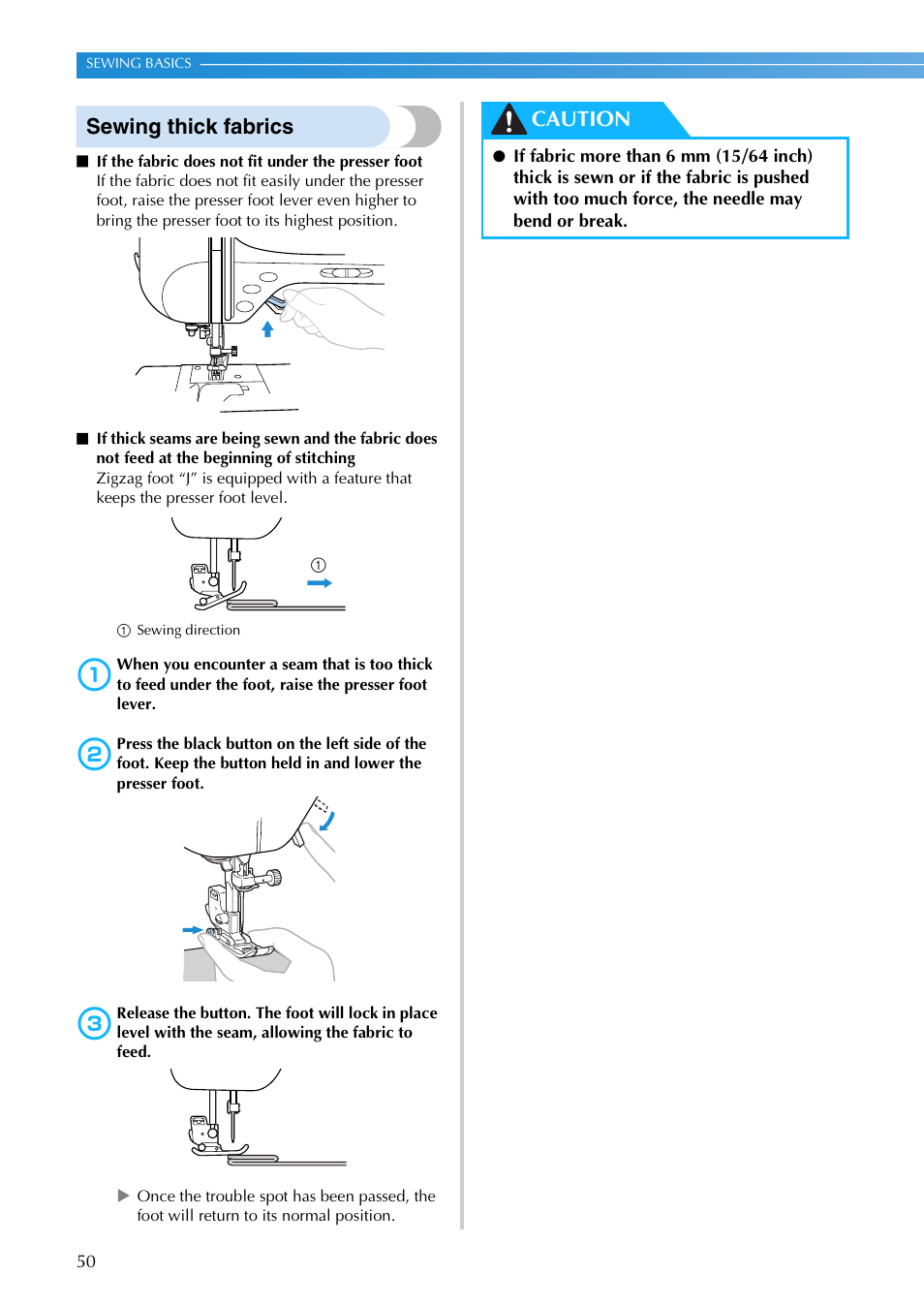 Sewing thick fabrics, Caution | Brother NX-200 User Manual | Page 56 / 111