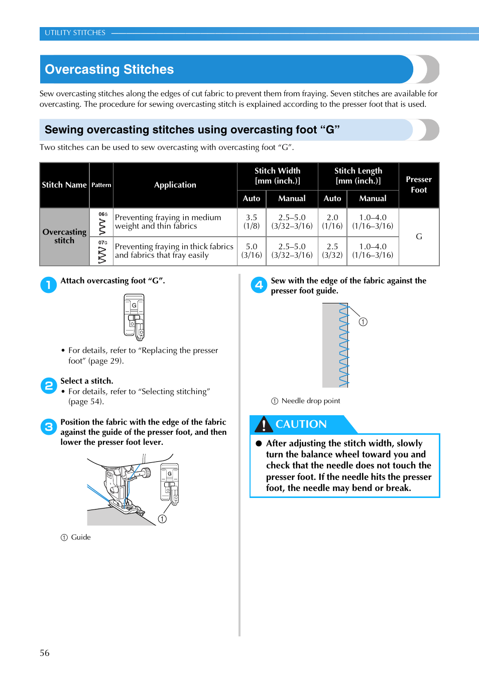 Overcasting stitches, Caution | Brother NX-200 User Manual | Page 62 / 111