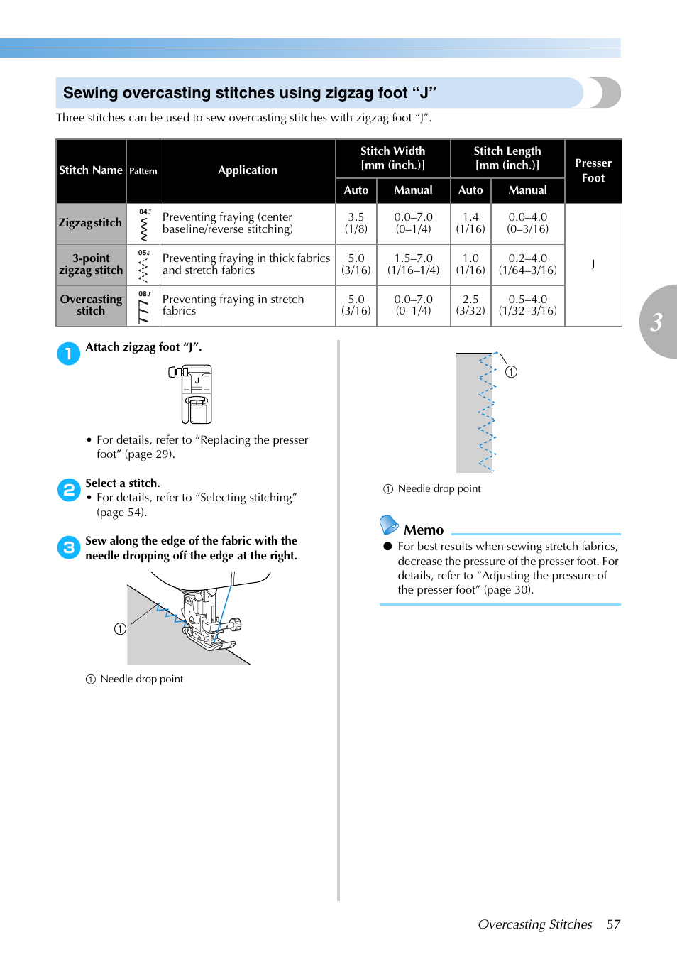 Sewing overcasting stitches using zigzag foot “j | Brother NX-200 User Manual | Page 63 / 111