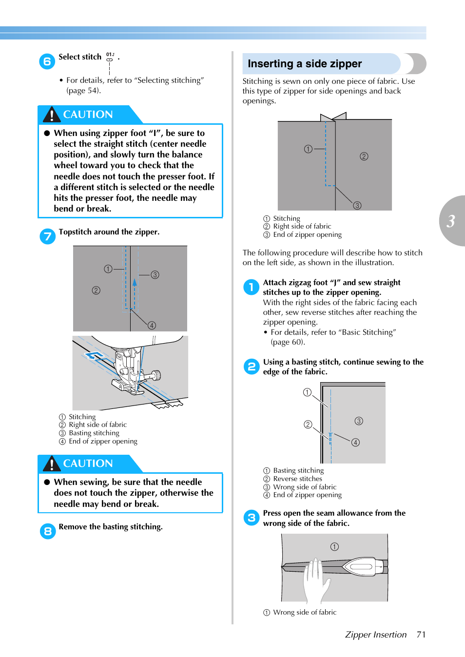 Inserting a side zipper, Caution | Brother NX-200 User Manual | Page 77 / 111