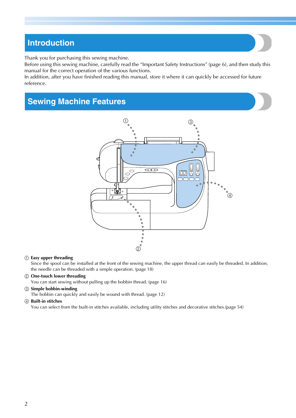 Introduction, Sewing machine features | Brother NX-200 User Manual | Page 8 / 111