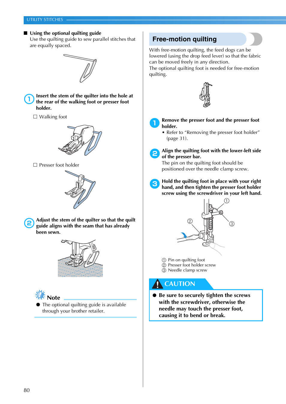 Free-motion quilting, Caution | Brother NX-200 User Manual | Page 86 / 111