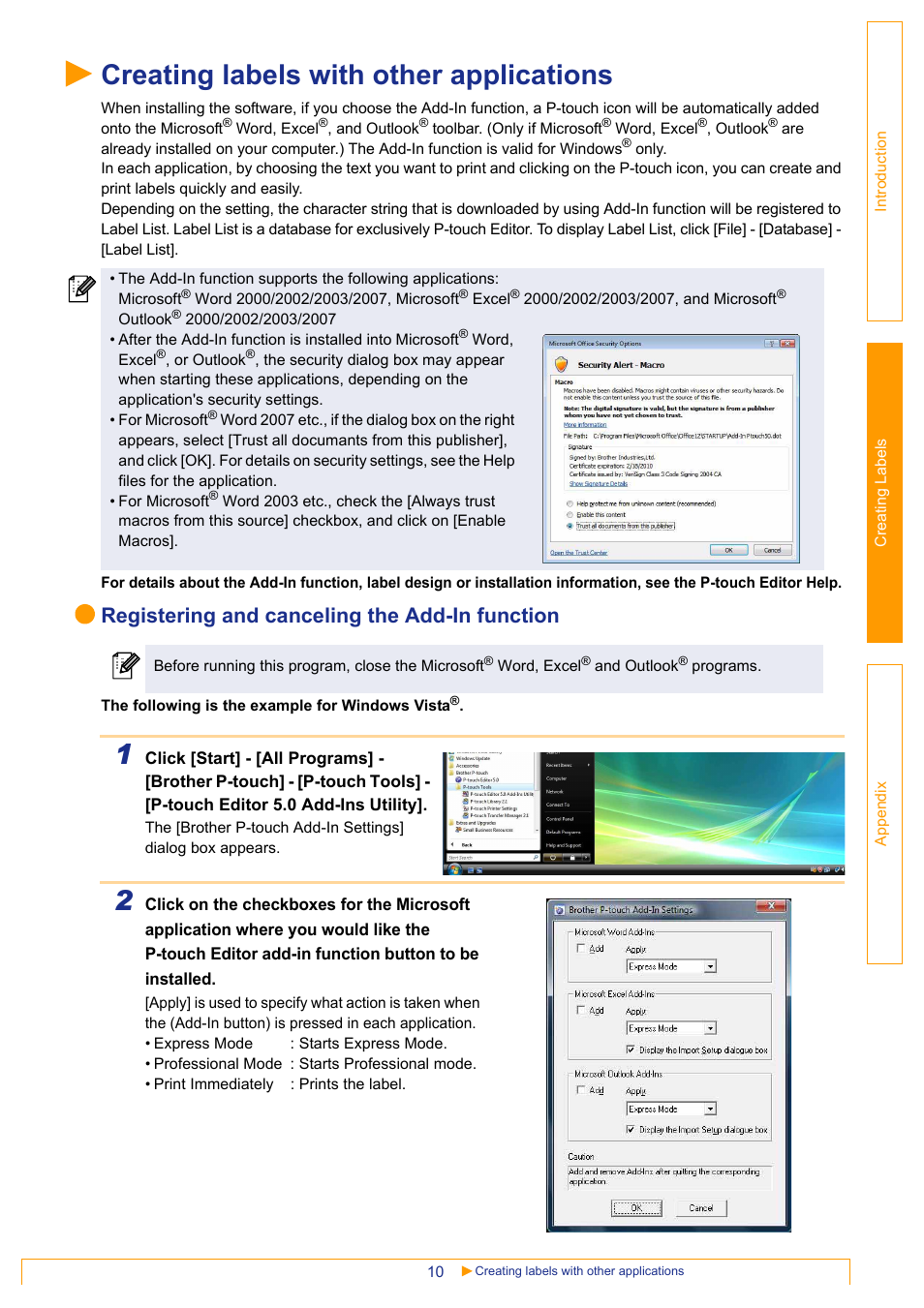 Creating labels with other applications, Registering and canceling the add-in function | Brother PT-18RKT User Manual | Page 10 / 32