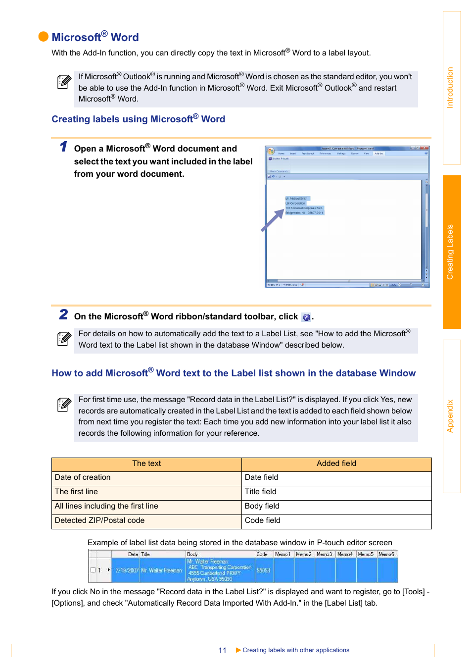 Microsoft, Word, Creating labels using microsoft | How to add microsoft | Brother PT-18RKT User Manual | Page 11 / 32