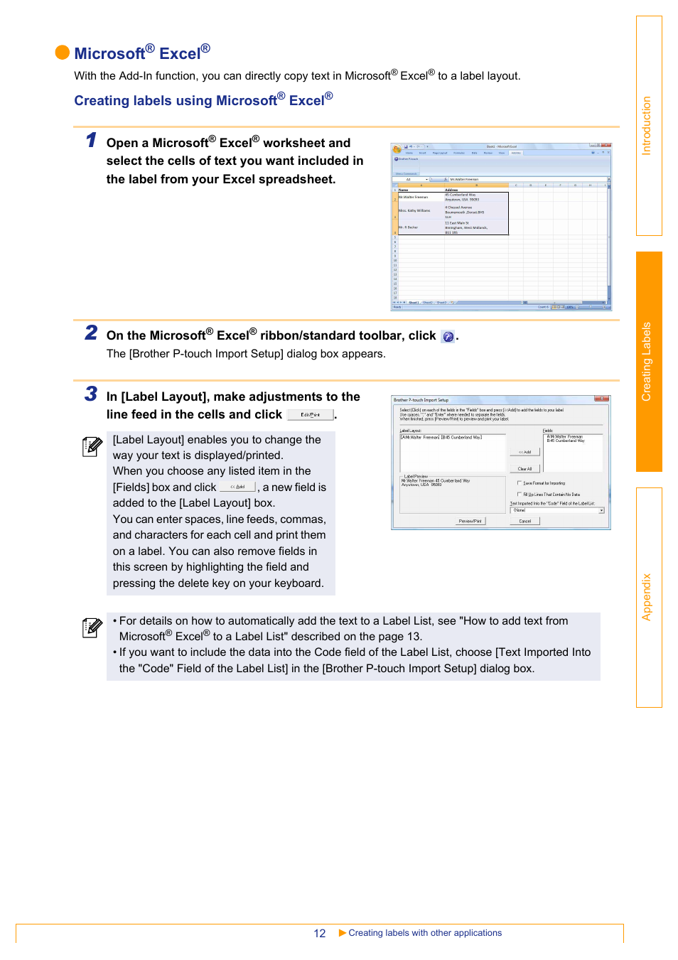 Microsoft, Excel | Brother PT-18RKT User Manual | Page 12 / 32